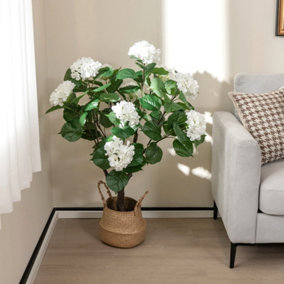 Costway Artificial Hydrangea Tree Fake Floral Plant with 11 White Flowers & Realistic Trunk in Plastic Nursery Pot