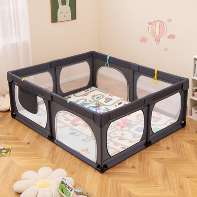 COSTWAY Babybox 189 x 158 cm, box met 50 speelballen, 4 trekringen en 4 ritsdeur, kruipruimte met ademend net, box voor peuters (zonder matras, donkergrijs