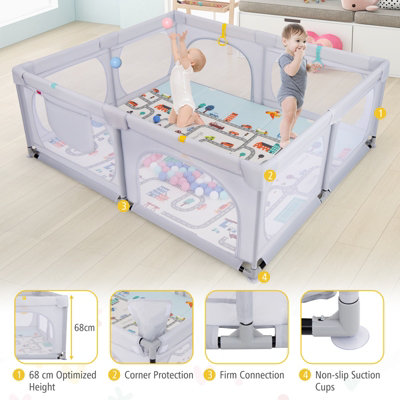 COSTWAY Babybox 189 x 158 cm, box met 50 speelballen, 4 trekringen en 4