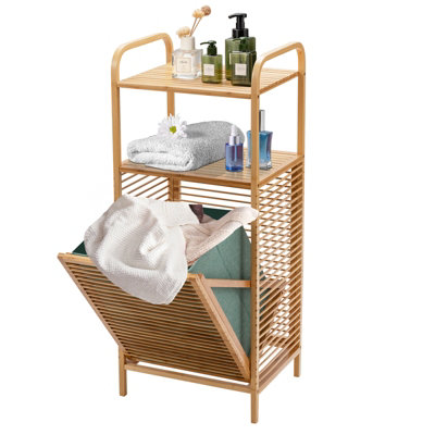  Relaxdays Bamboo Linea Hamper and Shelf with 3 Compartments Basket  Linen Bin with Laundry Bag 40 L with White Fabric 77 x 69.5 x 36 cm,  Natural, 36 x 69.5 x