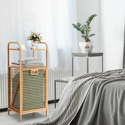 Costway Bamboo Bathroom Shelf Tilt-out Laundry Hamper Storage Organiser w/ Laundry Basket - 4