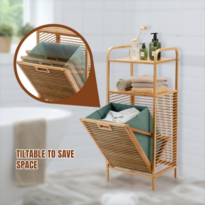 Costway Bamboo Bathroom Shelf Tilt-out Laundry Hamper Storage Organiser w/ Laundry Basket - 5