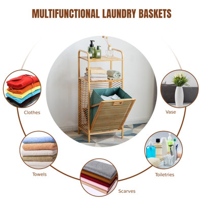 Costway Bamboo Bathroom Shelf Tilt-out Laundry Hamper Storage Organiser w/ Laundry Basket - 6