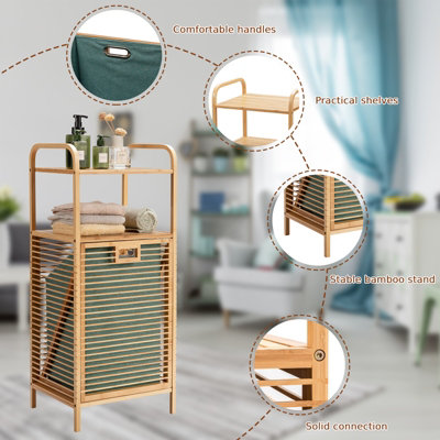Costway Bamboo Bathroom Shelf Tilt-out Laundry Hamper Storage Organiser w/ Laundry Basket - 7