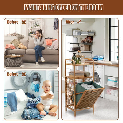 Costway Bamboo Bathroom Shelf Tilt-out Laundry Hamper Storage Organiser w/ Laundry Basket - 8