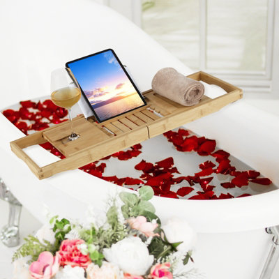 Costway Bamboo Bathtub Caddy Tray Expandable Bath Caddy Organizer w/ Book Stand