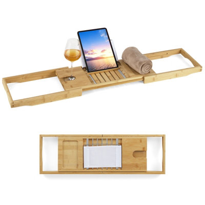 Costway Bamboo Bathtub Caddy Tray Expandable Bath Caddy Organizer w/ Book Stand