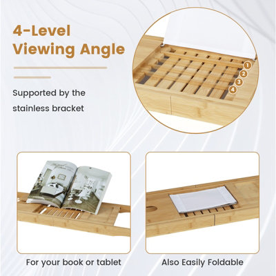 Costway Bamboo Bathtub Caddy Tray Expandable Bath Caddy Organizer w/ Book Stand - 4