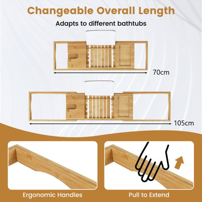Costway Bamboo Bathtub Caddy Tray Expandable Bath Caddy Organizer w/ Book Stand - 6