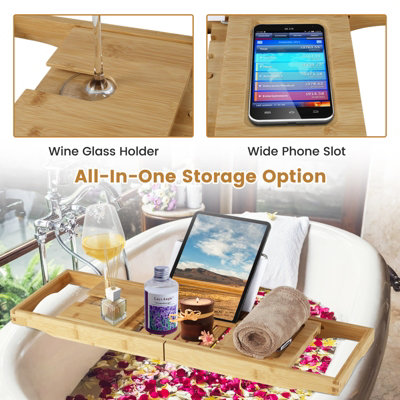 Costway Bamboo Bathtub Caddy Tray Expandable Bath Caddy Organizer w/ Book Stand - 7