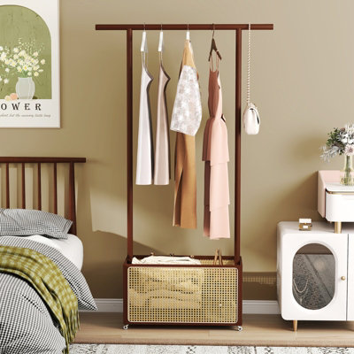 COSTWAY Bamboo Clothes Rack Coat Hanger Stand with Rattan Storage ...