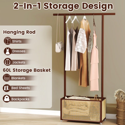 COSTWAY Bamboo Clothes Rack Coat Hanger Stand with Rattan Storage ...