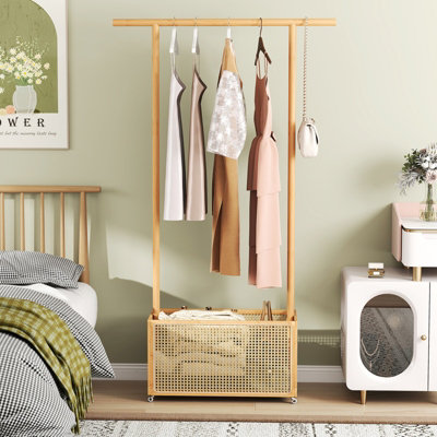 COSTWAY Bamboo Clothes Rack Coat Hanger Stand with Rattan Storage ...