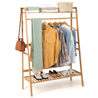 Costway Bamboo Clothes Rail Stand Freestanding Garment Rack w/ Top Shelf Shoe Rack & 2 Hooks