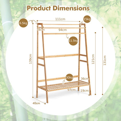 Costway Bamboo Clothes Rail Stand Freestanding Garment Rack w/ Top Shelf Shoe Rack & 2 Hooks