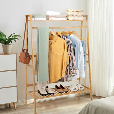 Costway Bamboo Clothes Rail Stand Freestanding Garment Rack w/ Top Shelf Shoe Rack & 2 Hooks - 3