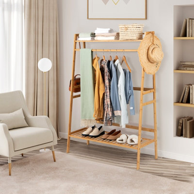 Costway Bamboo Clothes Rail Stand Freestanding Garment Rack w/ Top Shelf Shoe Rack & 2 Hooks - 4