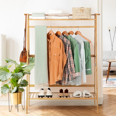 Costway Bamboo Clothes Rail Stand Freestanding Garment Rack w/ Top Shelf Shoe Rack & 2 Hooks - 5
