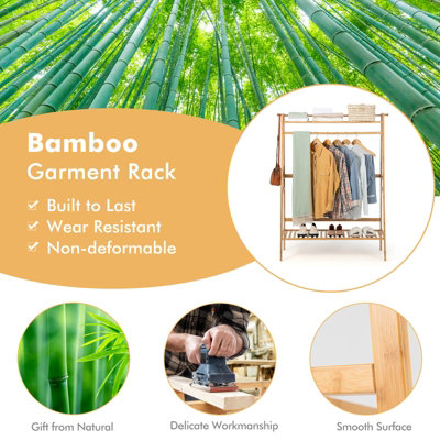 Costway Bamboo Clothes Rail Stand Freestanding Garment Rack w/ Top Shelf Shoe Rack & 2 Hooks - 6