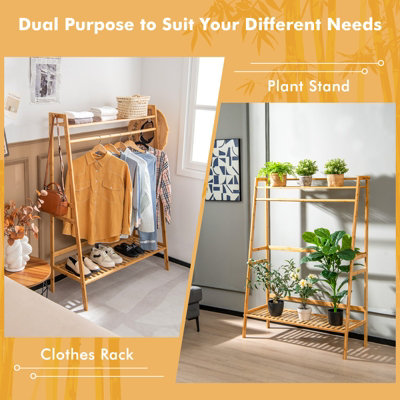 Costway Bamboo Clothes Rail Stand Freestanding Garment Rack w/ Top Shelf Shoe Rack & 2 Hooks - 8