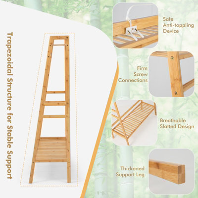 Costway Bamboo Clothes Rail Stand Freestanding Garment Rack w/ Top Shelf Shoe Rack & 2 Hooks - 9