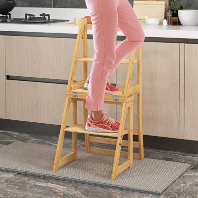 Costway Bamboo Folding Ladder Chair Convertible Step Stool and Chair w ...