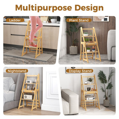 Costway Bamboo Folding Ladder Chair Convertible Step Stool and Chair w ...