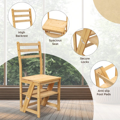 Costway Bamboo Folding Ladder Chair Convertible Step Stool and Chair w Safety Locks