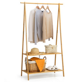 Costway Bamboo Garment Rack Freestanding Clothes Rail Stand 2 Storage Shelves Anti-tip