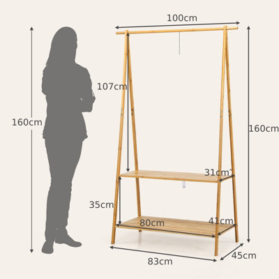 Costway Bamboo Garment Rack Freestanding Clothes Rail Stand 2 Storage Shelves Anti-tip