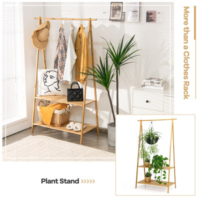 Costway Bamboo Garment Rack Freestanding Clothes Rail Stand 2 Storage Shelves Anti-tip - 3