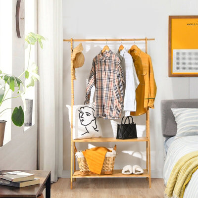 Costway Bamboo Garment Rack Freestanding Clothes Rail Stand 2 Storage Shelves Anti-tip - 5