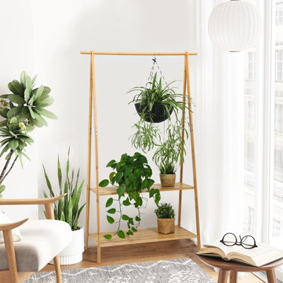 Costway Bamboo Garment Rack Freestanding Clothes Rail Stand 2 Storage Shelves Anti-tip - 6