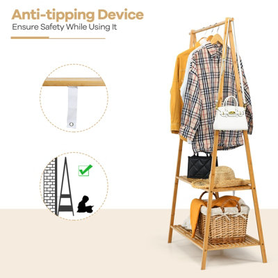 Costway Bamboo Garment Rack Freestanding Clothes Rail Stand 2 Storage Shelves Anti-tip - 8