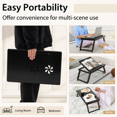 Costway Bamboo Laptop Lap Tray w/ Adjustable Legs & Storage Drawer-Coffee