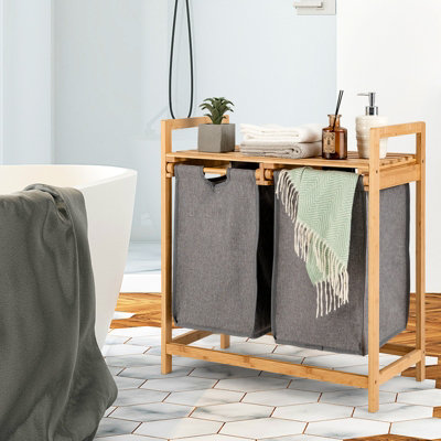 Costway Bamboo Laundry Hamper 2-Section Laundry Sorter Basket w/ Sliding Bags & Shelf - 3