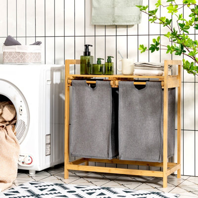 Costway Bamboo Laundry Hamper 2-Section Laundry Sorter Basket w/ Sliding Bags & Shelf - 4