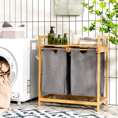 Costway Bamboo Laundry Hamper 2-Section Laundry Sorter Basket w/ Sliding Bags & Shelf