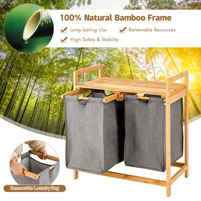 Costway Bamboo Laundry Hamper 2-Section Laundry Sorter Basket w/ Sliding Bags & Shelf - 5