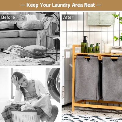 Costway Bamboo Laundry Hamper 2-Section Laundry Sorter Basket w/ Sliding Bags & Shelf - 6