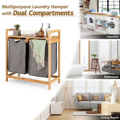 Costway Bamboo Laundry Hamper 2-Section Laundry Sorter Basket w/ Sliding Bags & Shelf - 7