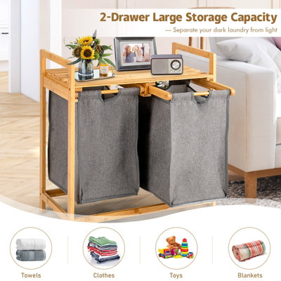 Costway Bamboo Laundry Hamper 2 Section Laundry Sorter Basket w Sliding Bags Shelf