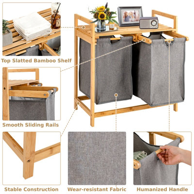 Costway Bamboo Laundry Hamper 2-Section Laundry Sorter Basket w/ Sliding Bags & Shelf - 9