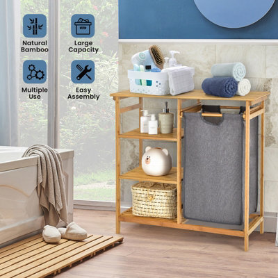 Costway Bamboo Laundry Hamper Stand 3-tier Laundry Organizer with Removable Sliding Bag - 4