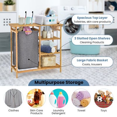 Costway Bamboo Laundry Hamper Stand 3-tier Laundry Organizer with Removable Sliding Bag - 6