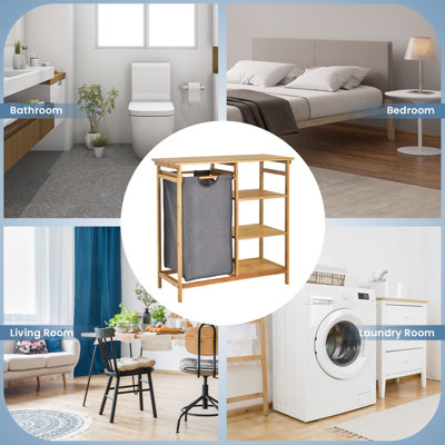 Costway Bamboo Laundry Hamper Stand 3-tier Laundry Organizer with Removable Sliding Bag - 8