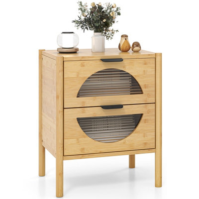 COSTWAY Bamboo Nightstand Modern Bedside Table with 2