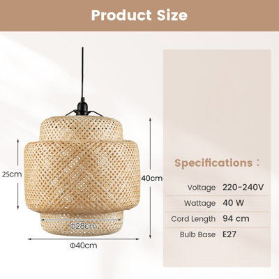 Costway Bamboo Pendant Light Natural Hand-woven Hanging Ceiling Light Chandelier