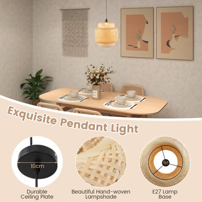 Costway Bamboo Pendant Light Natural Hand-woven Hanging Ceiling Light Chandelier - 9