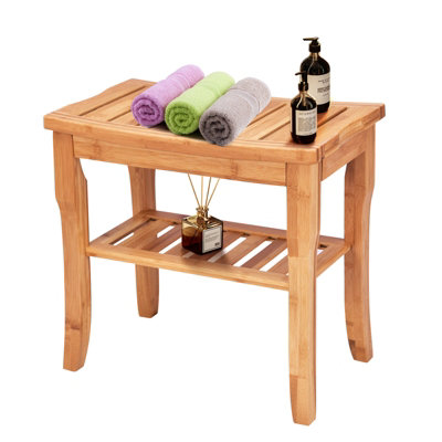 Costway Bamboo Shower Bench Seat with Storage Shelf Waterproof Shower Spa Chair Seat